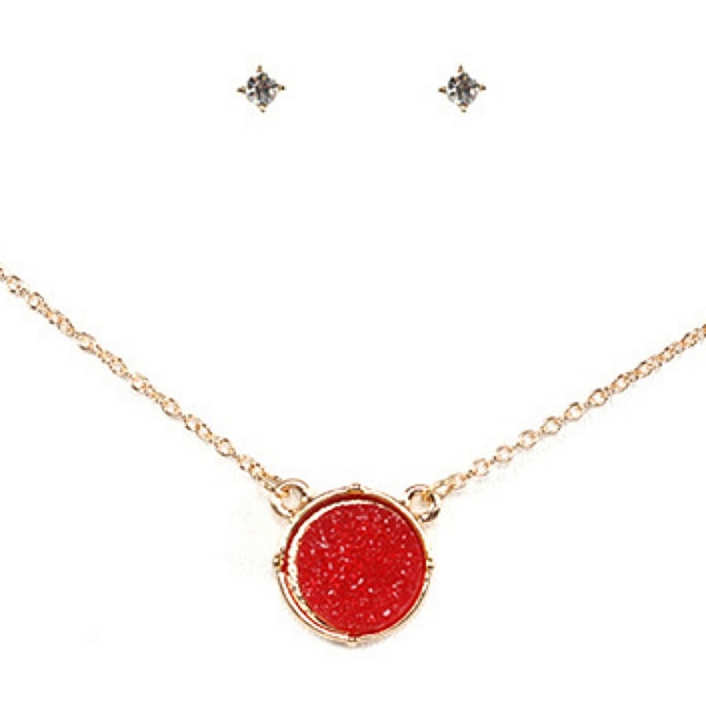 Red Round Pendant Necklace Druzy Charm Gold Jewelry Stone Statement Chain Set